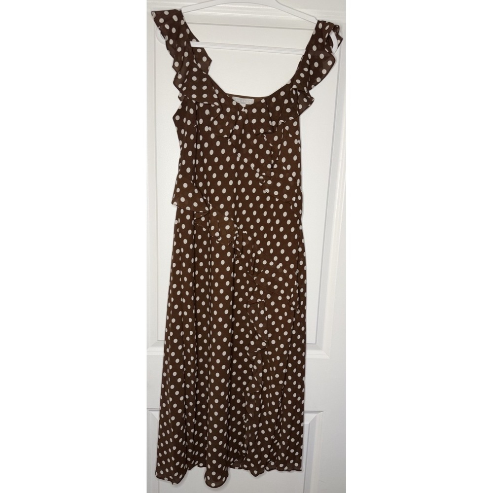 Chelsea28 Large Brown White Polka Dot Ruffle Midi Dress Sleeveless NWT